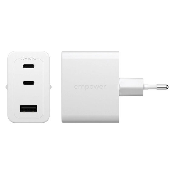 Adaptor de călătorie Grand Prix 2x USB-C/USB-A, GaN, 70 W PD, Alb-argintiu, empower