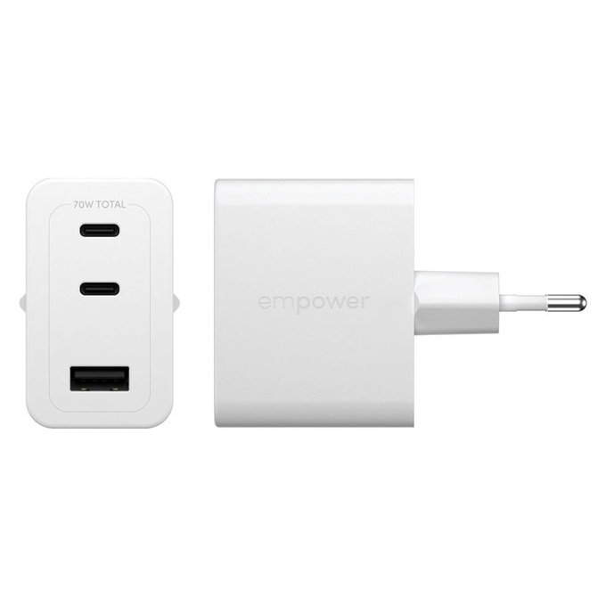 Adaptor de călătorie Grand Prix 2x USB-C/USB-A, GaN, 70 W PD, Alb-argintiu, empower