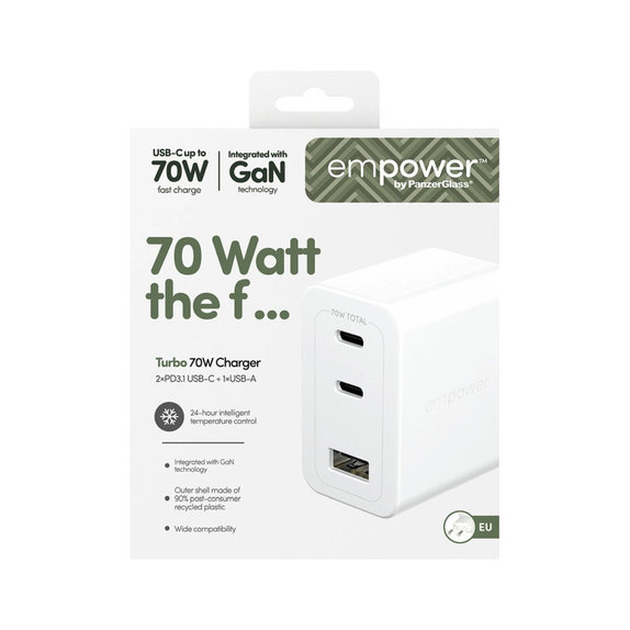 Adaptor de călătorie Grand Prix 2x USB-C/USB-A, GaN, 70 W PD, Alb-argintiu, empower