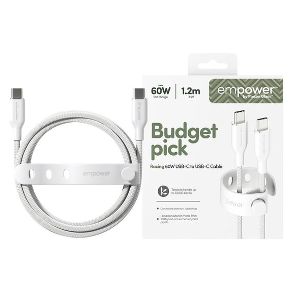 Cablu USB-C, 60 W, Racing, 1,2 m, argintiu-alb, empower