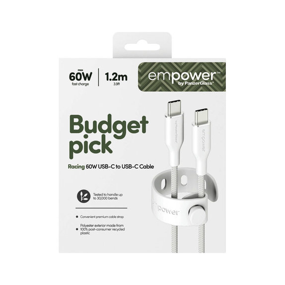 Cablu USB-C, 60 W, Racing, 1,2 m, argintiu-alb, empower