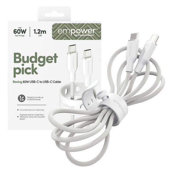 Cablu USB-C, 60 W, Racing, 1,2 m, argintiu-alb, empower