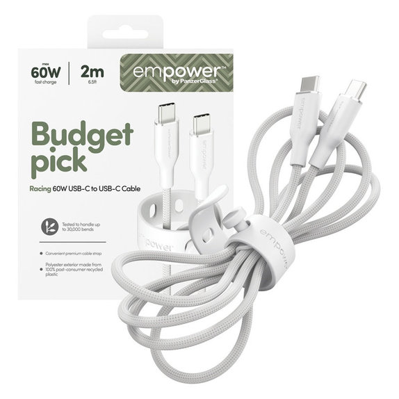 Cablu USB-C, 60 W, Racing, 2 m, Alb-argintiu, empower