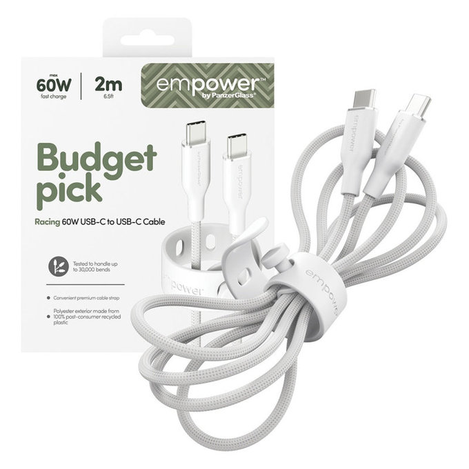 Cablu USB-C, 60 W, Racing, 2 m, Alb-argintiu, empower