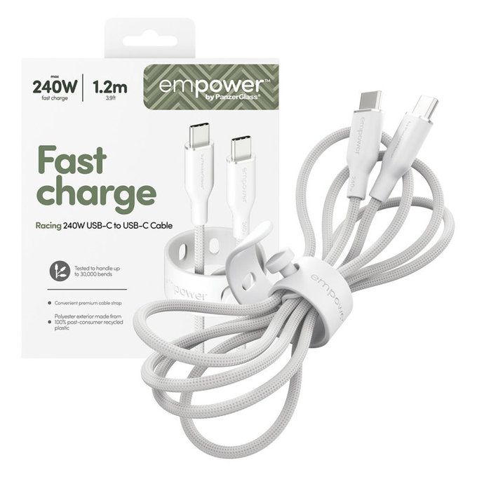 Cablu USB-C, 240 W, Racing, 1,2 m, argintiu-alb, empower