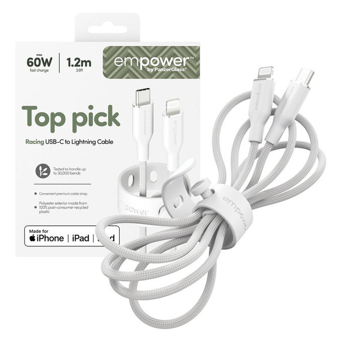 Cablu USB-C/Lightning, 60 W, Racing, 1, 2 m, Alb-argintiu, empower