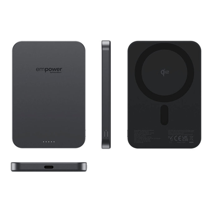 PowerBank wireless 5000 mAh, 20 W, compatibilă cu MagSafe, Qi2/USB-C, Space Black, empower