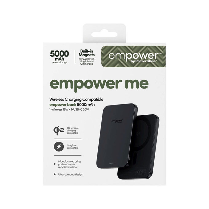 PowerBank wireless 5000 mAh, 20 W, compatibilă cu MagSafe, Qi2/USB-C, Space Black, empower