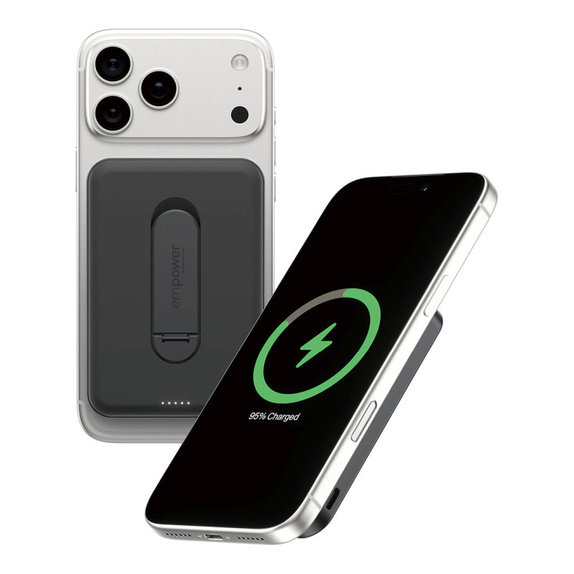 PowerBank wireless 5000 mAh cu suport rotativ, 20 W, compatibilă cu MagSafe, Qi2/USB-C, Space Black, empower
