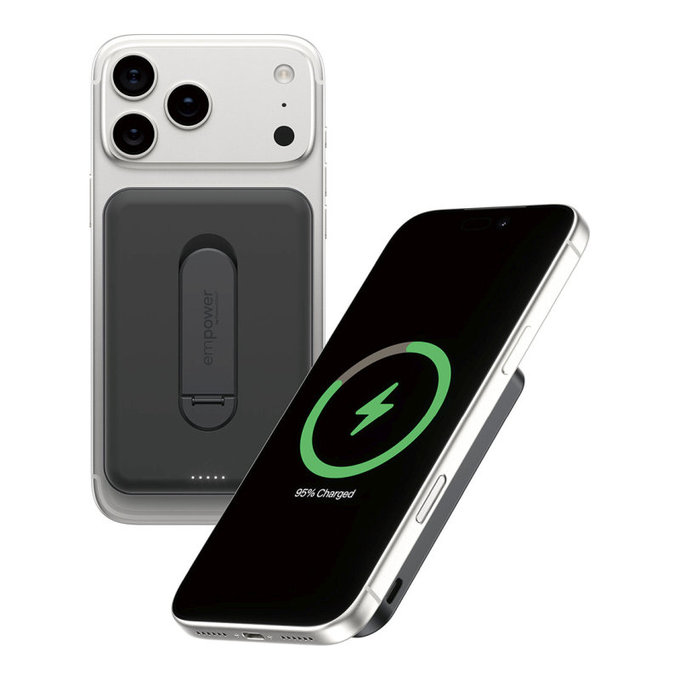 PowerBank wireless 5000 mAh cu suport rotativ, 20 W, compatibilă cu MagSafe, Qi2/USB-C, Space Black, empower