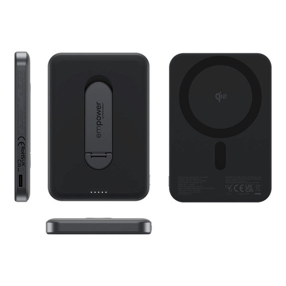 PowerBank wireless 5000 mAh cu suport rotativ, 20 W, compatibilă cu MagSafe, Qi2/USB-C, Space Black, empower