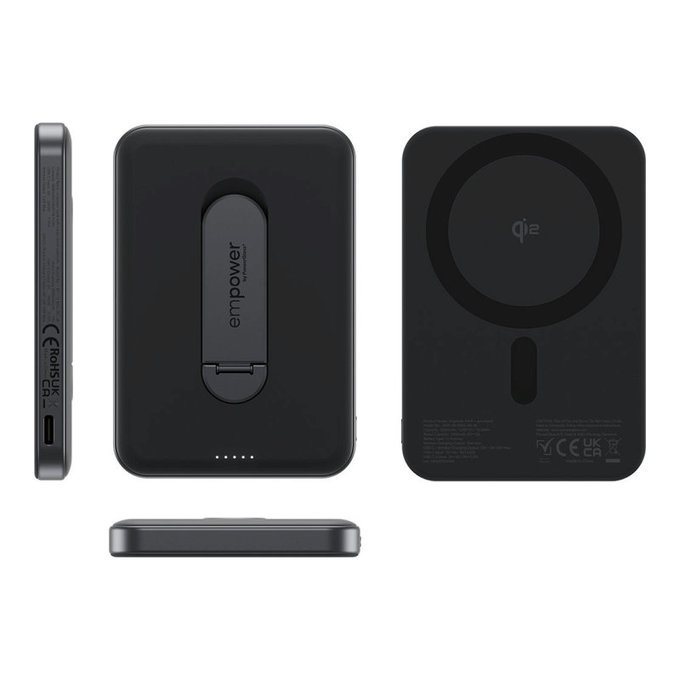 PowerBank wireless 5000 mAh cu suport rotativ, 20 W, compatibilă cu MagSafe, Qi2/USB-C, Space Black, empower