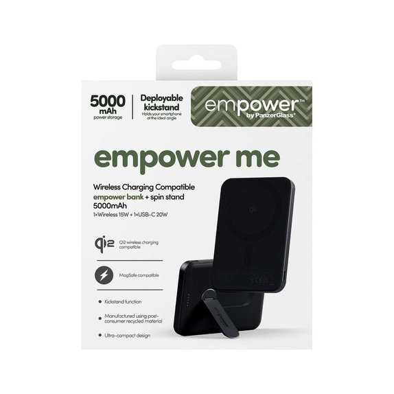 PowerBank wireless 5000 mAh cu suport rotativ, 20 W, compatibilă cu MagSafe, Qi2/USB-C, Space Black, empower