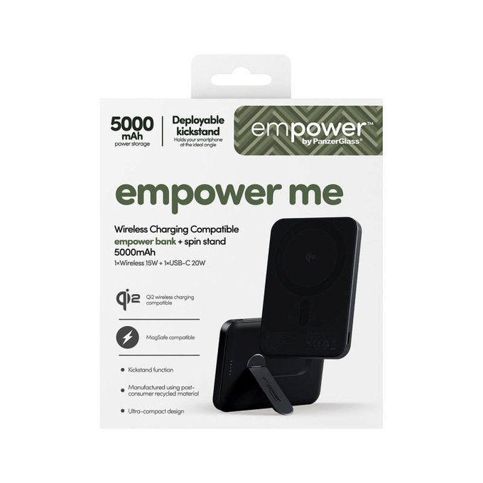 PowerBank wireless 5000 mAh cu suport rotativ, 20 W, compatibilă cu MagSafe, Qi2/USB-C, Space Black, empower