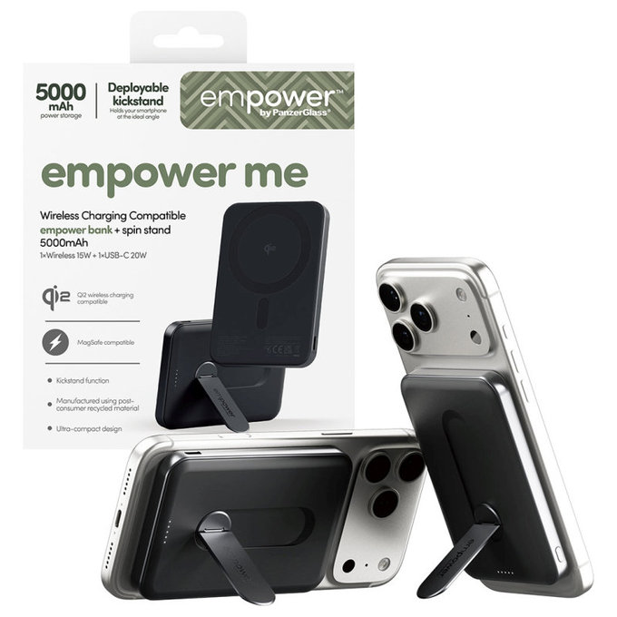 PowerBank wireless 5000 mAh cu suport rotativ, 20 W, compatibilă cu MagSafe, Qi2/USB-C, Space Black, empower