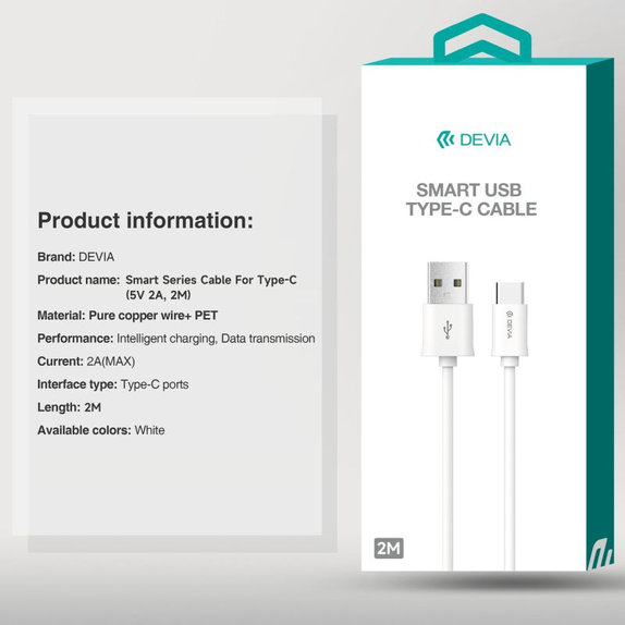 Cablu USB / USB-C Smart, 2.1A, 2m, alb, Devia