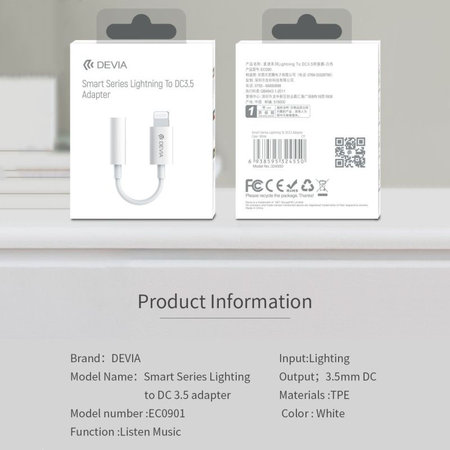 Adaptor Smart 3,5mm Jack / Lightning, alb, Devia