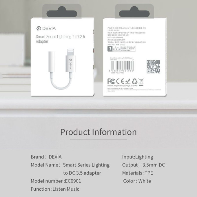 Adaptor Smart 3,5mm Jack / Lightning, alb, Devia