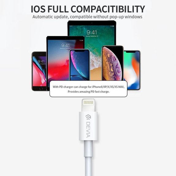 Cablu Lightning / USB-C Smart, PD 20W, 1m, alb, Devia
