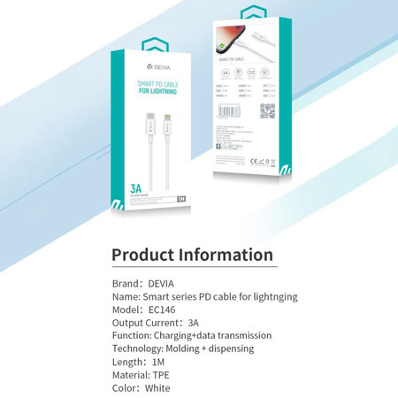 Cablu Lightning / USB-C Smart, PD 20W, 1m, alb, Devia