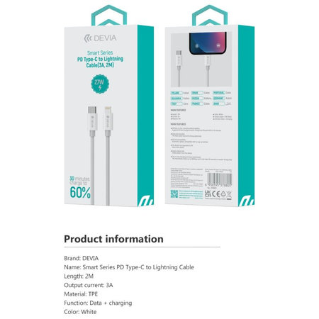 Cablu Lightning / USB-C Smart, PD 27W, 2m, alb, Devia