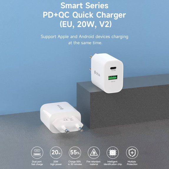 Adaptor de încărcare Smart USB-C + USB-A, PD 20W, alb, Devia