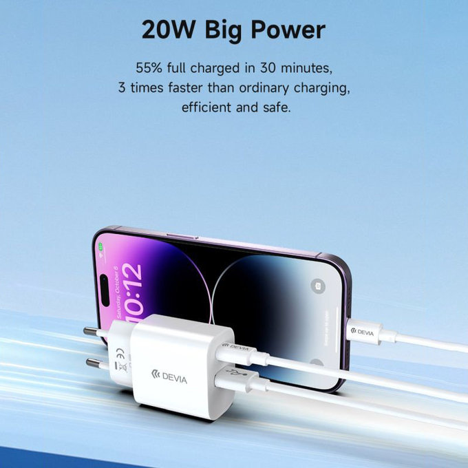 Adaptor de încărcare Smart USB-C + USB-A, PD 20W, alb, Devia