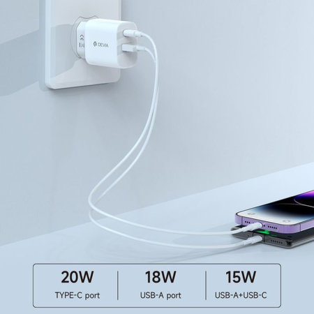 Adaptor de încărcare Smart USB-C + USB-A, PD 20W, alb, Devia