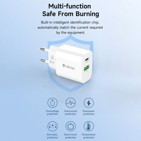 Adaptor de încărcare Smart USB-C + USB-A, PD 20W, alb, Devia