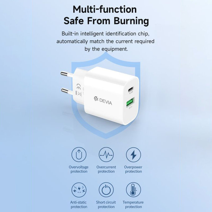 Adaptor de încărcare Smart USB-C + USB-A, PD 20W, alb, Devia