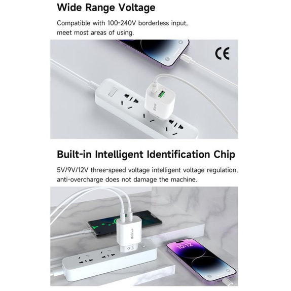 Adaptor de încărcare Smart USB-C + USB-A, PD 20W, alb, Devia