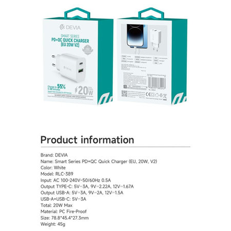 Adaptor de încărcare Smart USB-C + USB-A, PD 20W, alb, Devia