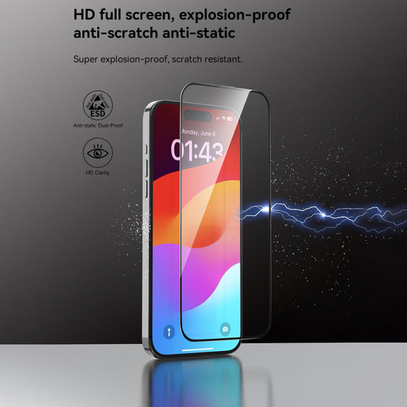 Sticlă securizată FullCover cu aplicator pentru iPhone 15 Pro, Devia