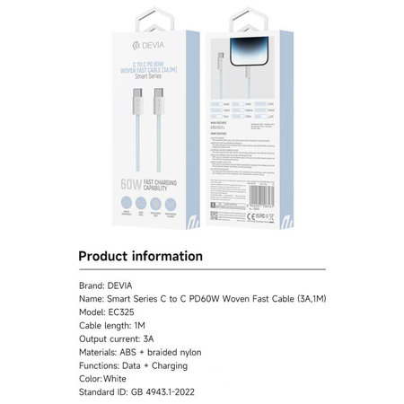 Cablu USB-C / USB-C Smart, PD 60W, 1m, alb, Devia