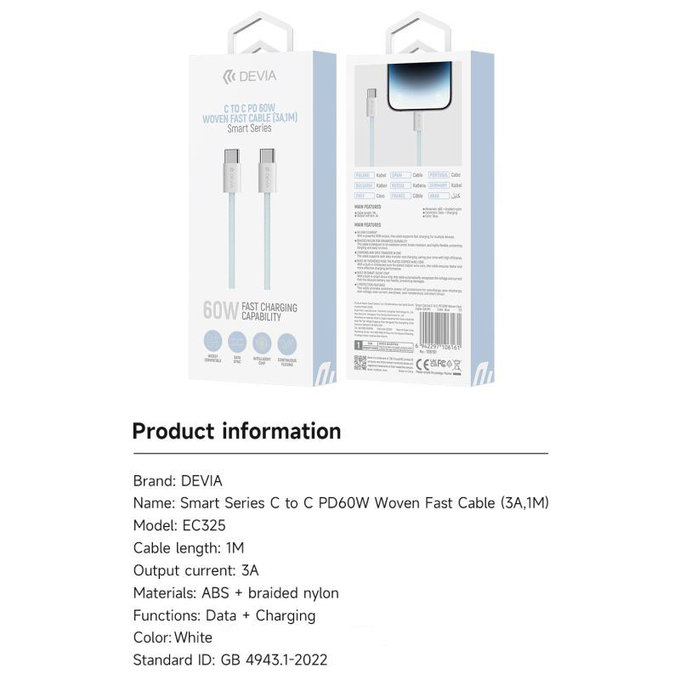 Cablu USB-C / USB-C Smart, PD 60W, 1m, alb, Devia