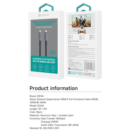 Cablu USB-C / USB-C Extreme Speed, 240W, 8K 60Hz, 1m, negru, Devia