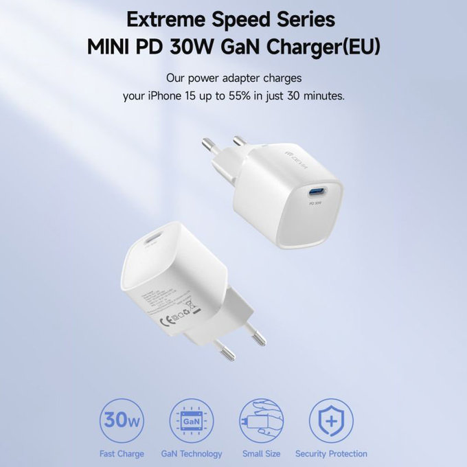 Adaptor de încărcare Mini USB-C, PD 30W, alb, Devia
