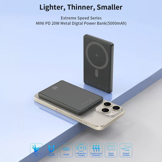 PowerBank MagSafe Extreme Speed Mini cu display, PD 20W, 5000mAh, Space Grey, Devia