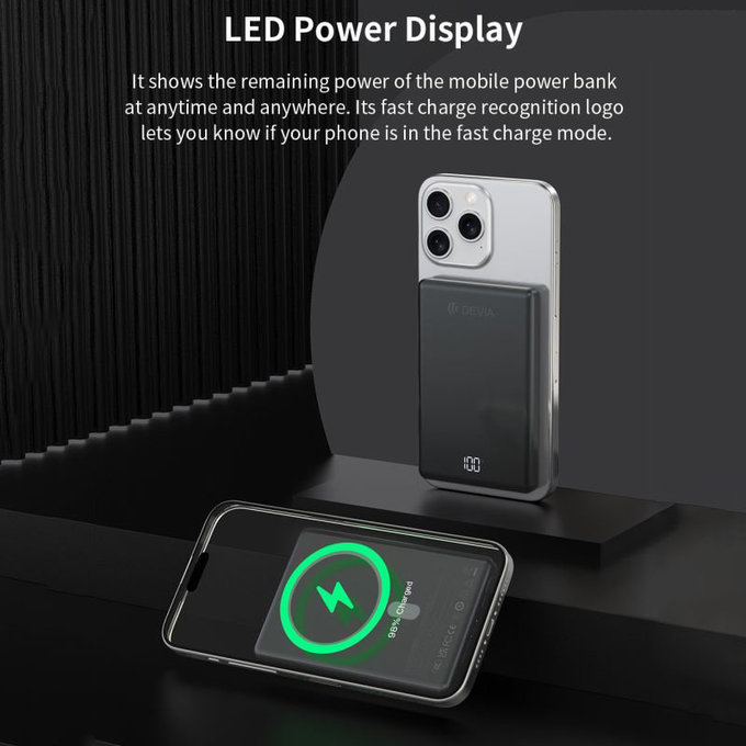 PowerBank MagSafe Extreme Speed Mini cu display, PD 20W, 5000mAh, Space Grey, Devia