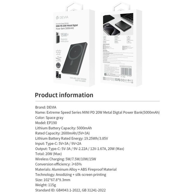 PowerBank MagSafe Extreme Speed Mini cu display, PD 20W, 5000mAh, Space Grey, Devia