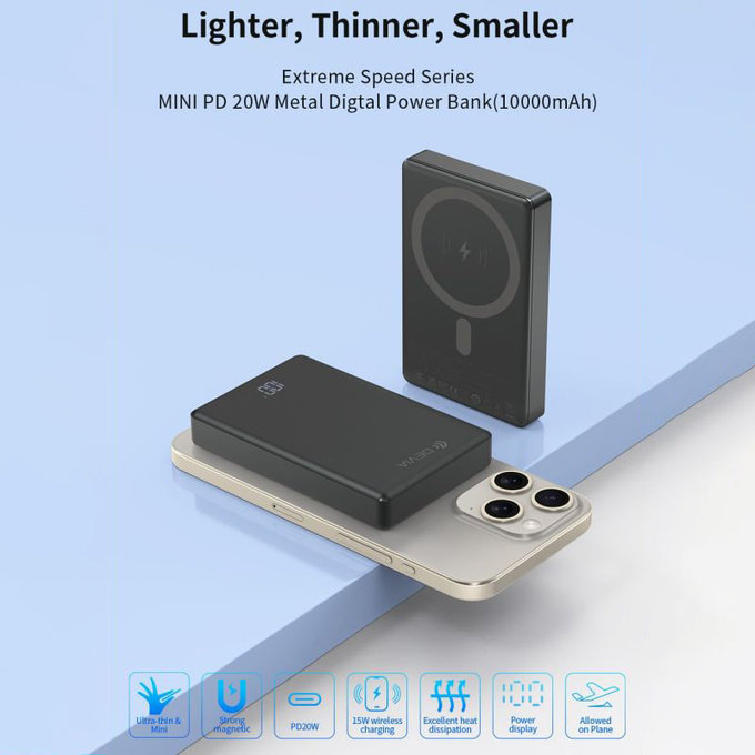 PowerBank MagSafe Extreme Speed Mini cu display, PD 20W, 10000mAh, Space Grey, Devia