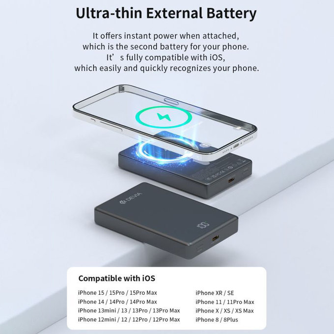 PowerBank MagSafe Extreme Speed Mini cu display, PD 20W, 10000mAh, Space Grey, Devia
