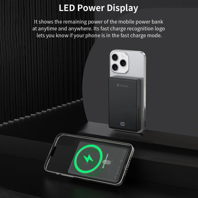 PowerBank MagSafe Extreme Speed Mini cu display, PD 20W, 10000mAh, Space Grey, Devia