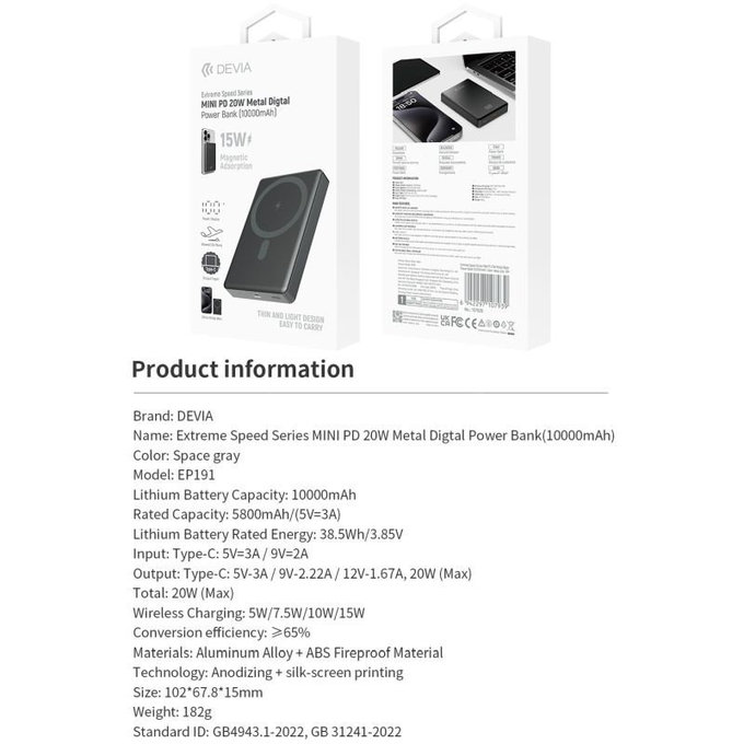 PowerBank MagSafe Extreme Speed Mini cu display, PD 20W, 10000mAh, Space Grey, Devia