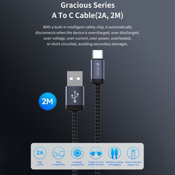 Cablu USB / USB-C Gracious, 2.1A, 2m, negru, Devia