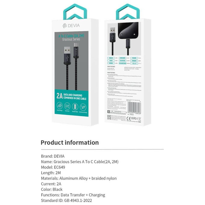 Cablu USB / USB-C Gracious, 2.1A, 2m, negru, Devia