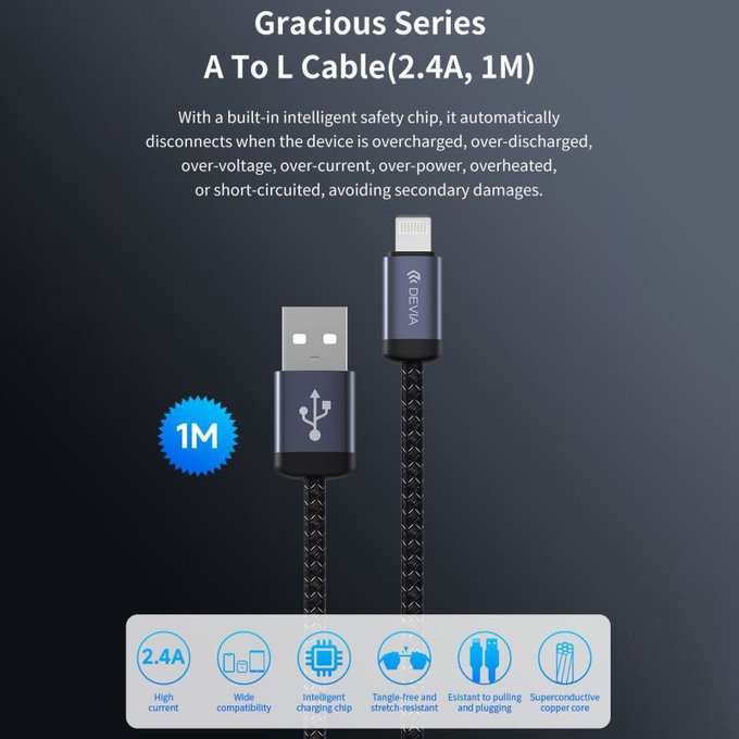 Cablu Lightning / USB Gracious, 2,4A, 1m, negru, Devia