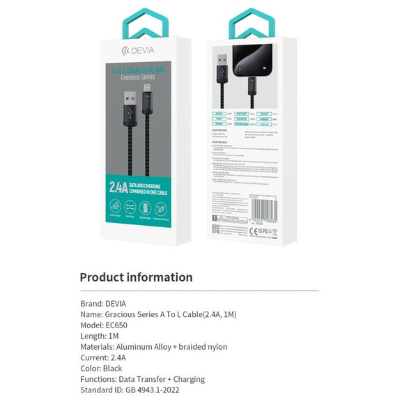 Cablu Lightning / USB Gracious, 2,4A, 1m, negru, Devia