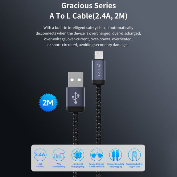 Cablu Lightning / USB Gracious, 2,4A, 2m, negru, Devia