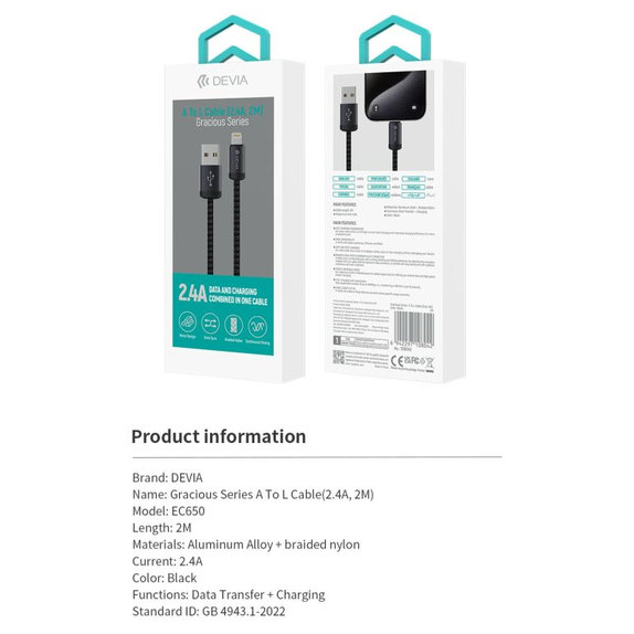 Cablu Lightning / USB Gracious, 2,4A, 2m, negru, Devia